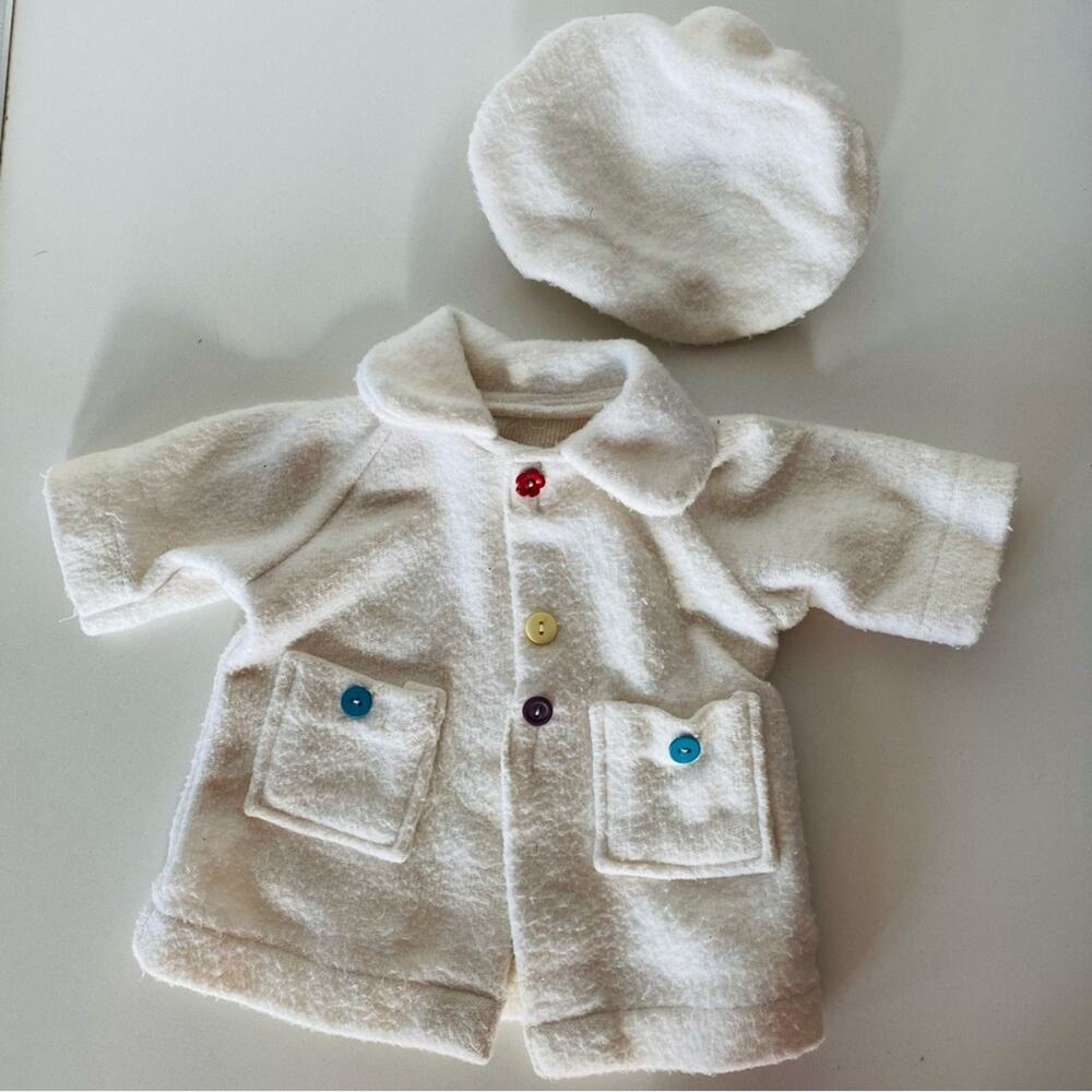 AMERICAN GIRL DOLL White Cream Red Floral Button Fleece Jacket Beret Hat Pockets